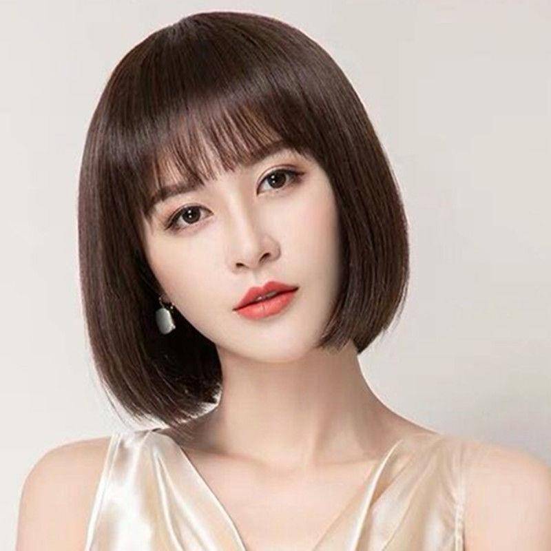 Female bobo short straight hair 2021 new fashion fluffy and oblique bangs repair face, natural full head wig
