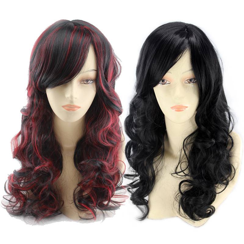 Golden long curly hair wig female black and red hair curly curly curly curly European and American wig oblique bangs big wave wig