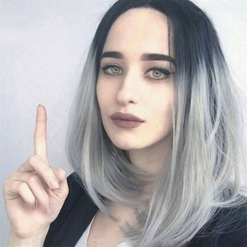Wigmail female medium hair gradient color -changing dyeing dyeing fibrous head women in women in Europe and America's fashion split bobo hair