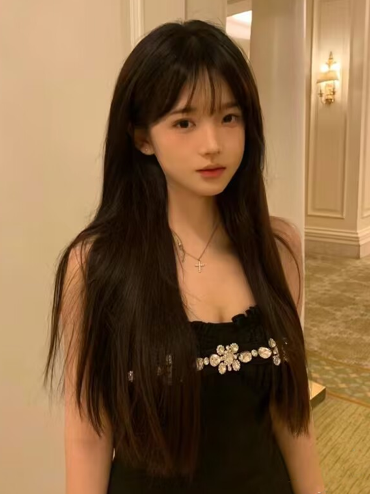 Wig female long hair is naturally realistic full -headed full -headed face repair age -reducing Korean new black long straight hair full wig