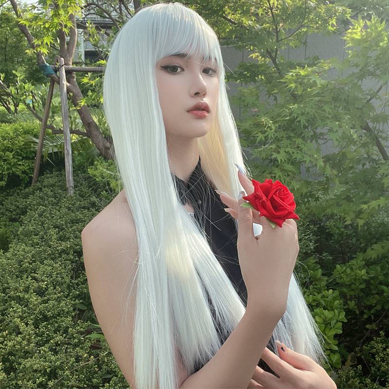 European and American wigs female black white long straight hair air bangs temperament facial face cos fake hair