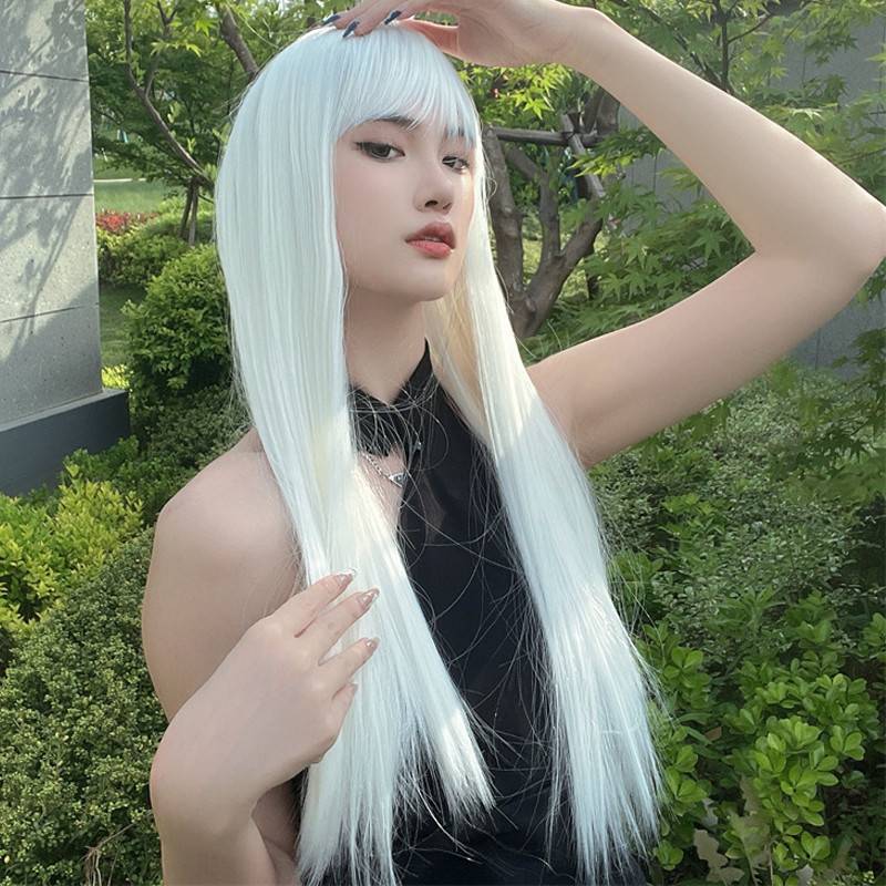 European and American wigs female black white long straight hair air bangs temperament facial face cos fake hair