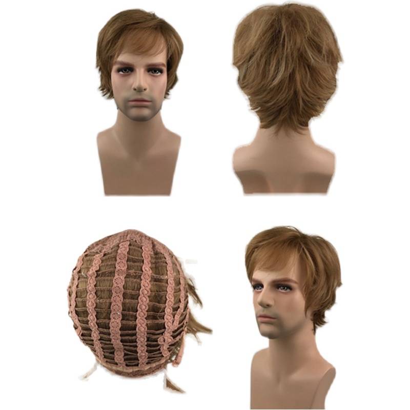 Men's short straight hair light brown flip -top wig Fashion takes daily wearing wigs