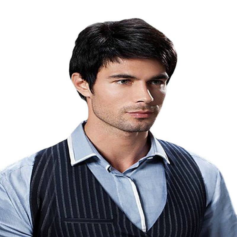 Men's short hair brown black wig European and American men's handsome oblique bangs short straight hair high -temperature silk full head
