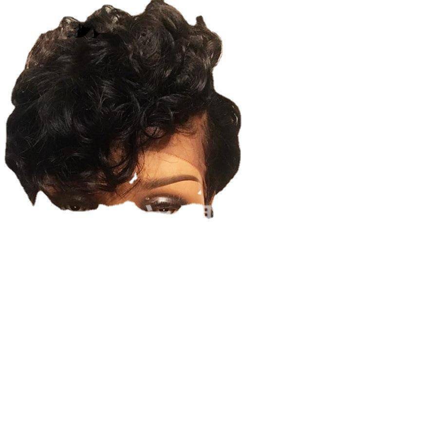 Wig European and American short hair partially divided into long oblique bangs black realistic short curly hair fluffy fiber hair rose net