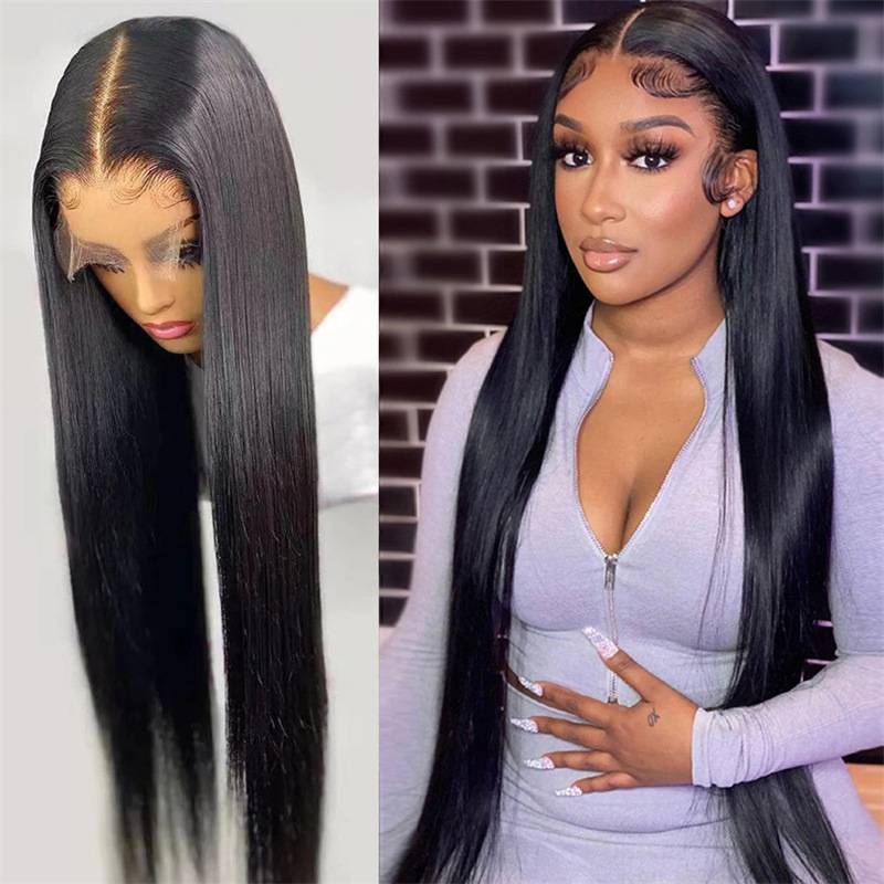 Amazon Europe and the United States, front -weaving lace fake head cover, black long straight -hair fibrous horn, T -shaped lace wig