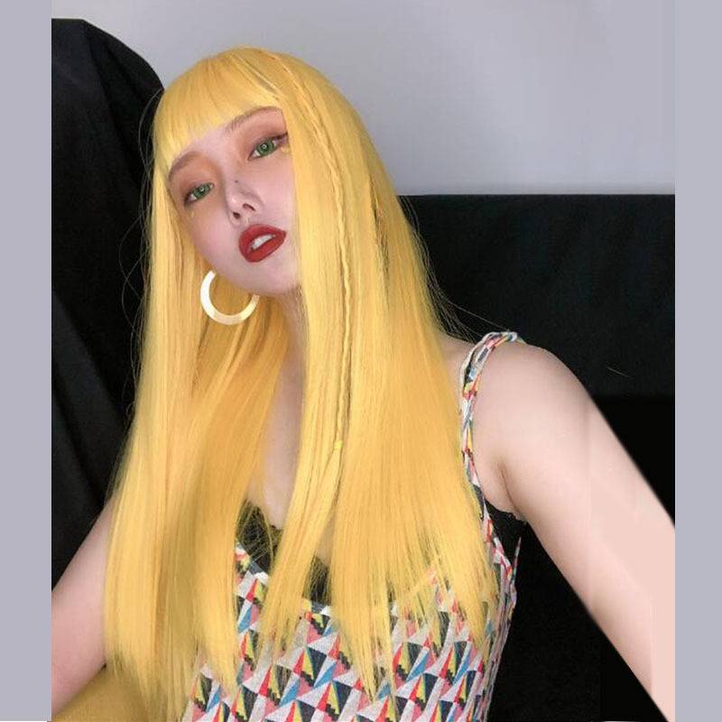 Wig female air bangs lemon yellow long straight hair high -temperature silk fibrous head sleeve spot