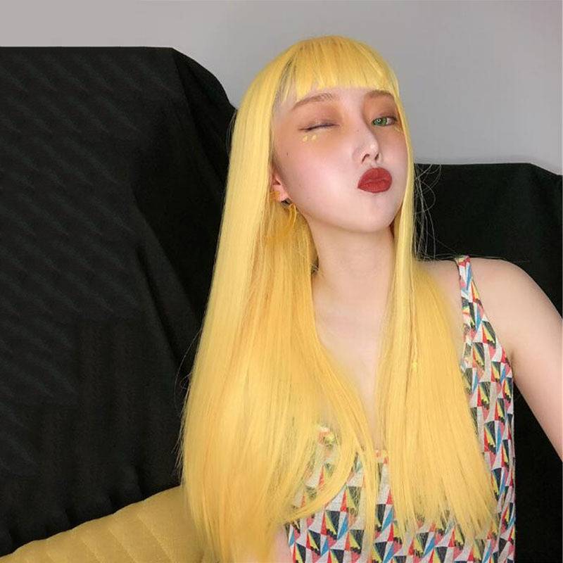 Wig female air bangs lemon yellow long straight hair high -temperature silk fibrous head sleeve spot