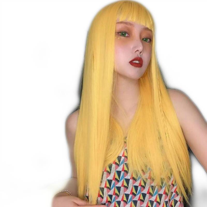 Wig female air bangs lemon yellow long straight hair high -temperature silk fibrous head sleeve spot