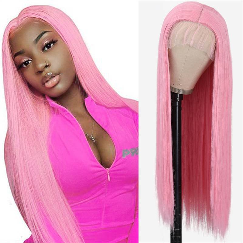 Cross -border e -commerce wig female light pink long straight wig Full set of popular woven wig female chemical fibrous hood
