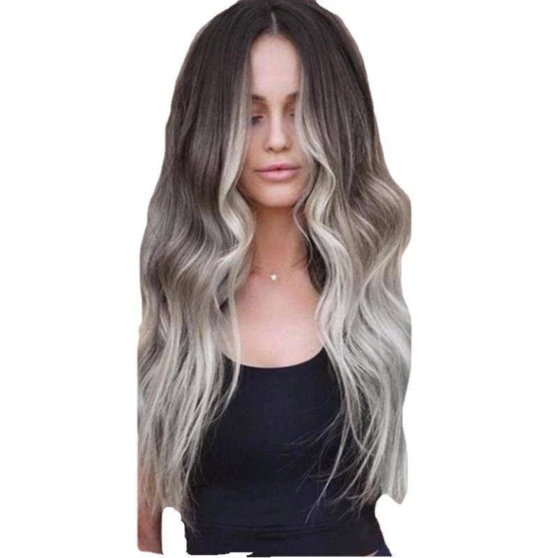 Genuine European and American wig female gray and gradient big wave long curly hair set rose net genuine wig wig