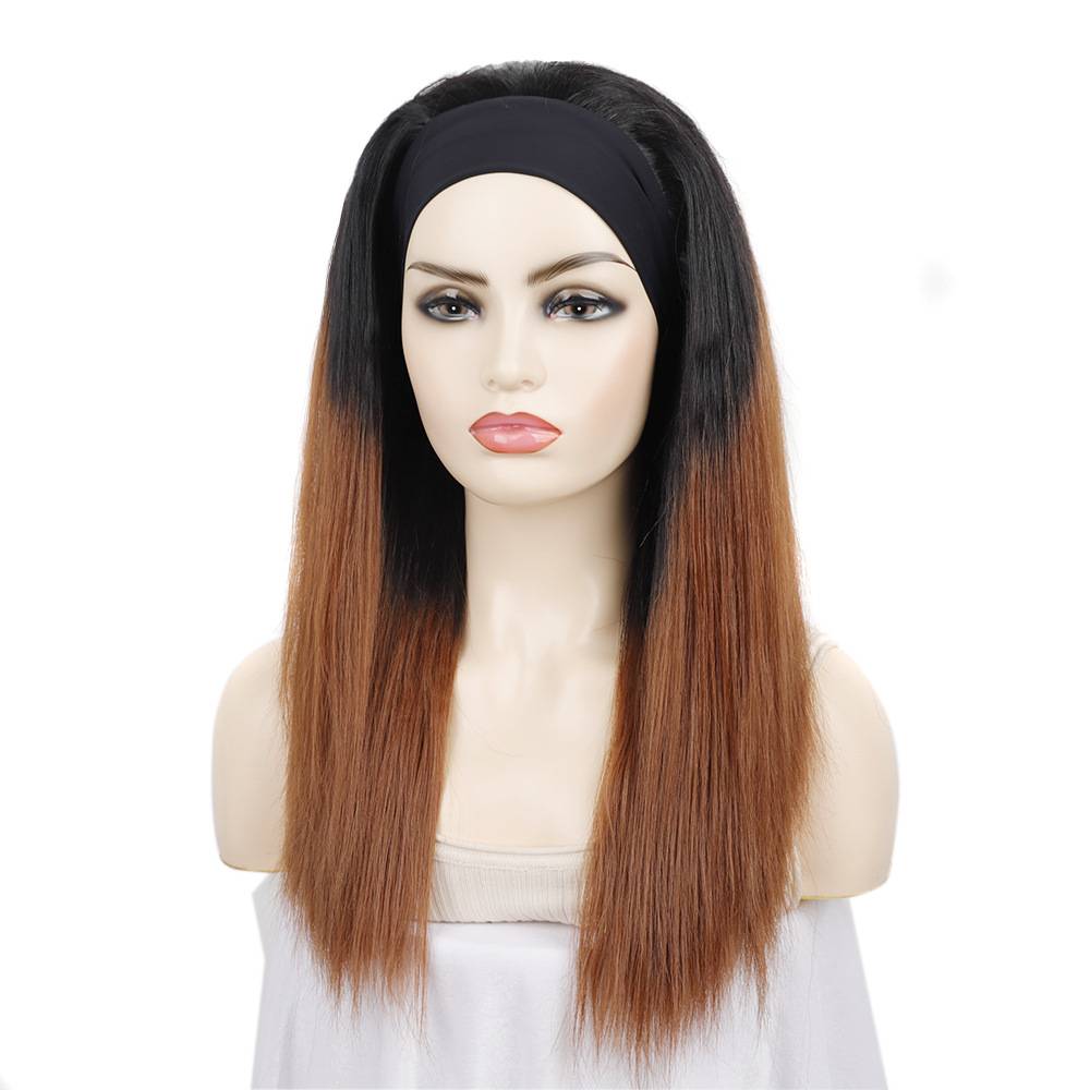 Black gradient brown headhole mid -length straight hair hood, ice -haired fibrous fodder watched hood