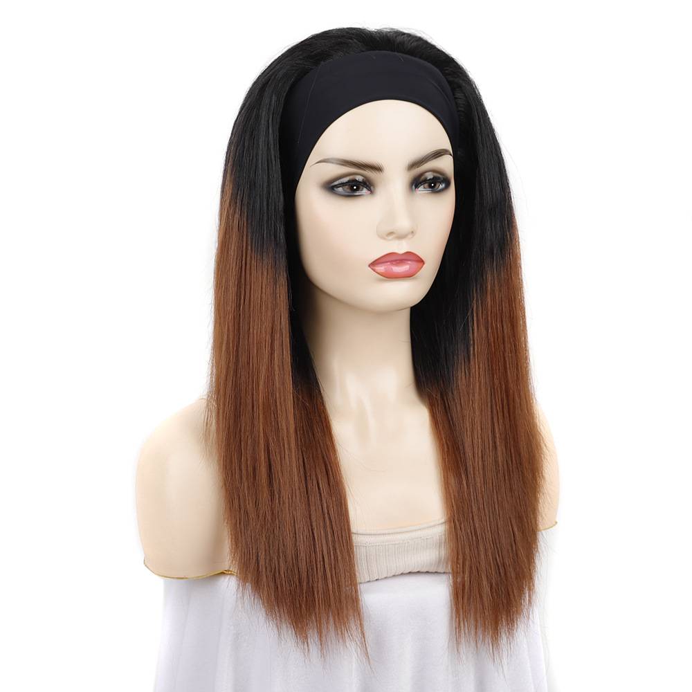 Black gradient brown headhole mid -length straight hair hood, ice -haired fibrous fodder watched hood