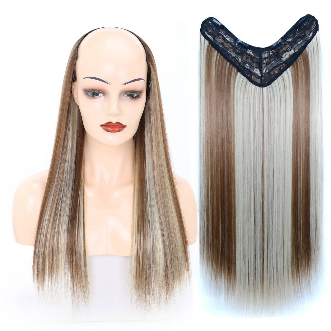 European and American long straight hair connecting videos V -shaped 4 card one -piece wig card hair