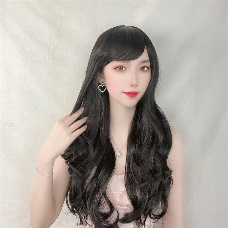 Spot fashion European and American oblique bangs long curly hair women's supply fiber fake head sleeve manufacturers