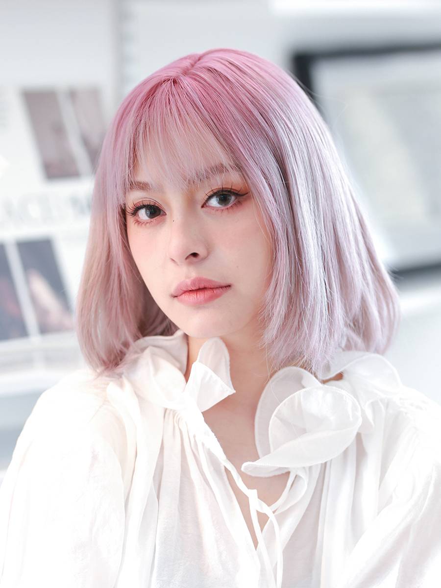 sassydandy Japanese and Korean ins -tobound pink full -headed bangs wigs girl short straight hair high -temperature silk BOBO wig