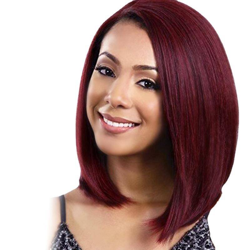 Genuine women's wig Genuine new gradient wine red high -temperature silk rose network short straight hair wig Europe and the United States