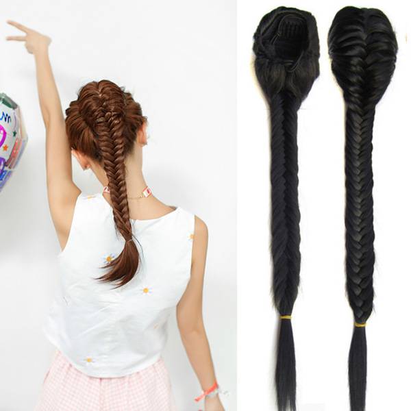 Handmade fish bone twist braid fake pony tail rope buckle hair pack fashion long ponytail hair wig ponytail girl