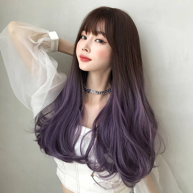 Wig female long hair, three -color gradient long curly hair color trend long curly hair whole head cover
