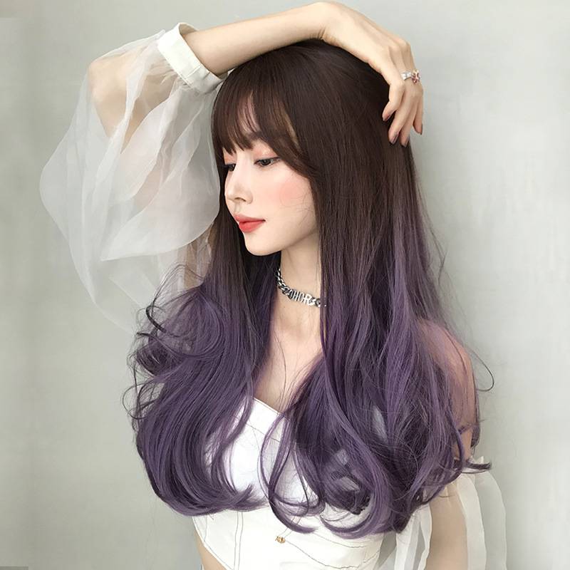 Wig female long hair, three -color gradient long curly hair color trend long curly hair whole head cover