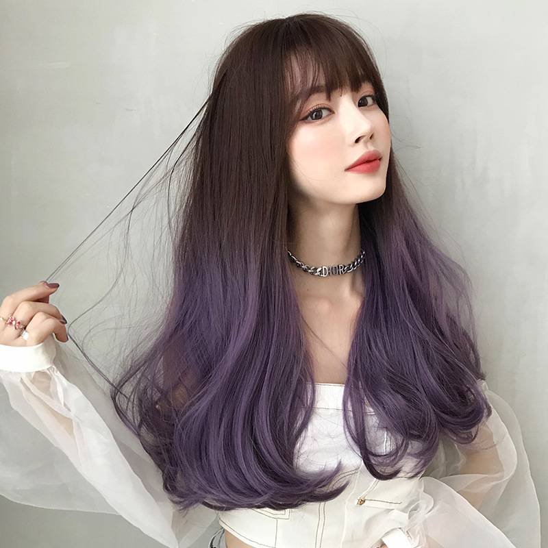 Wig female long hair, three -color gradient long curly hair color trend long curly hair whole head cover