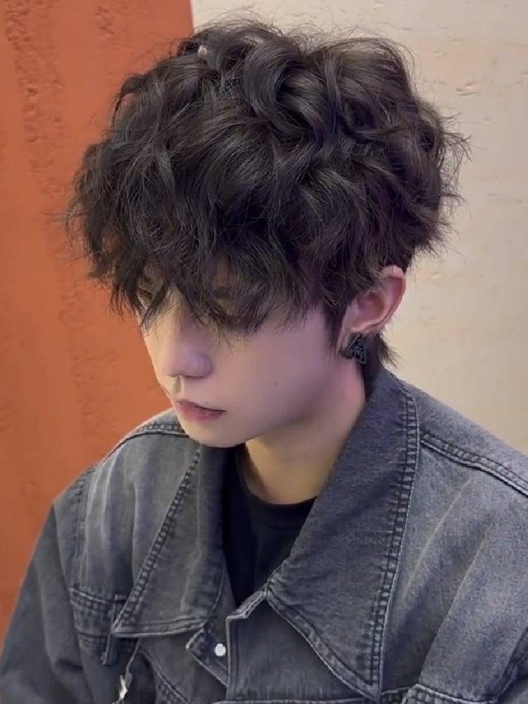Wig Men's curly hair fashionable wool roll natural fluffy tin foil hot Japanese trend bubble noodles full head