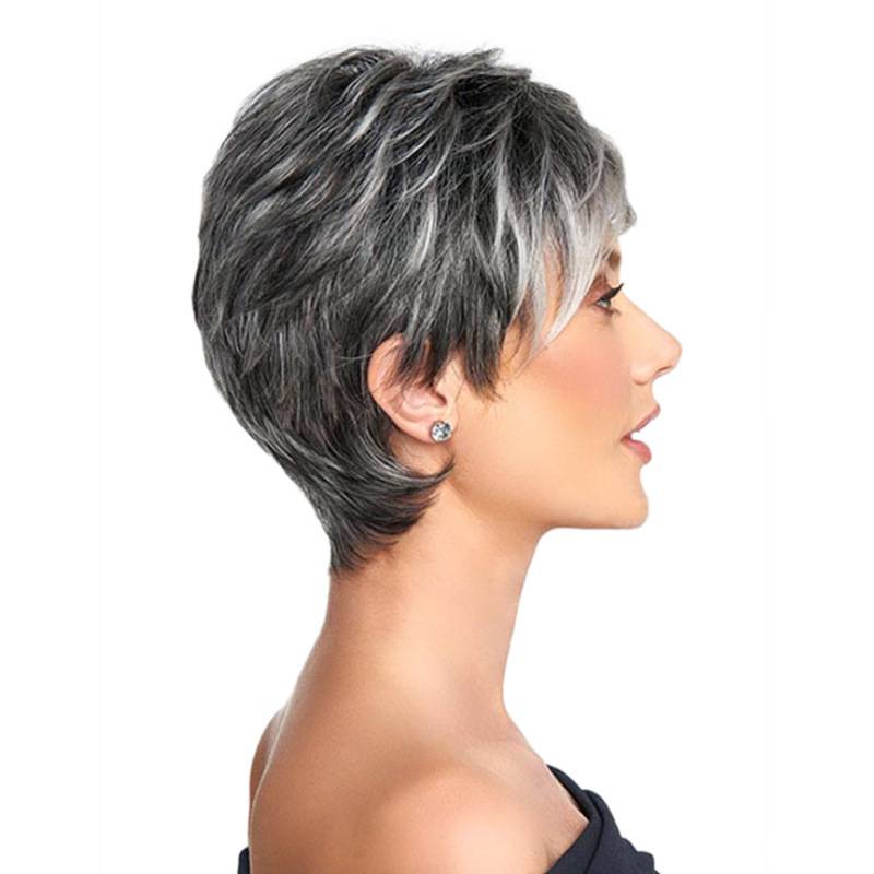 Cross -border new fashion gradient silver gray lady short hair wig oblique bangs high temperature silk fiber hood