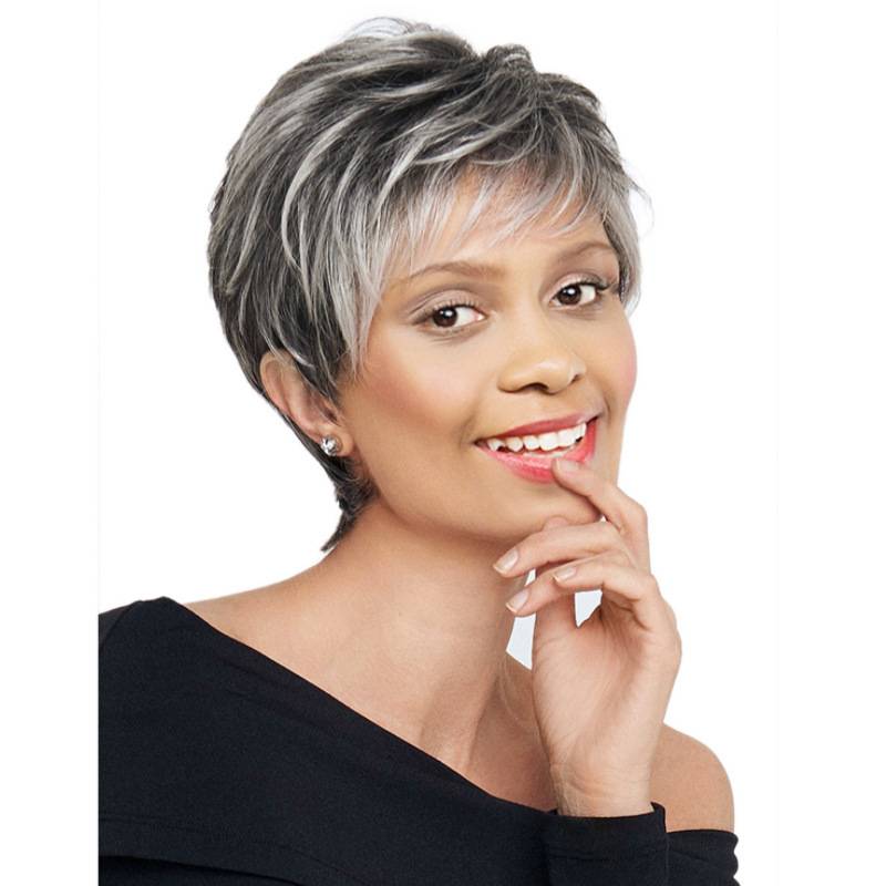 Cross -border new fashion gradient silver gray lady short hair wig oblique bangs high temperature silk fiber hood
