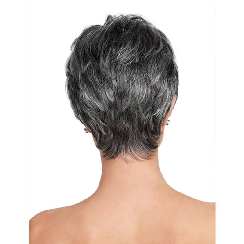 Cross -border new fashion gradient silver gray lady short hair wig oblique bangs high temperature silk fiber hood