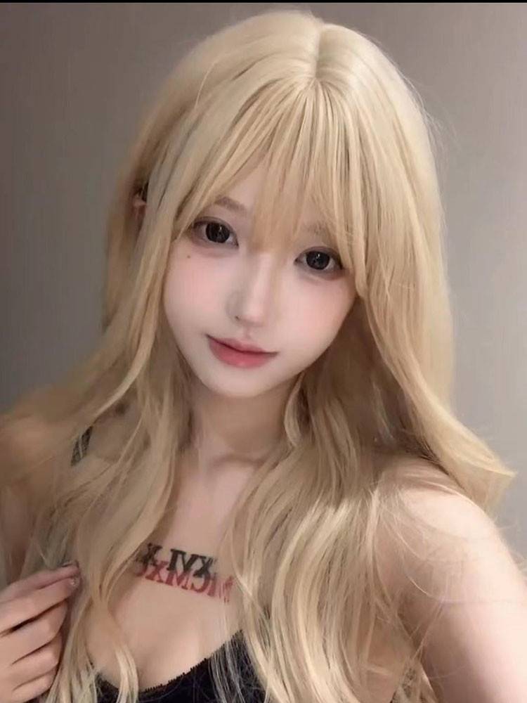 Wig female long curly hair big wave lolita natural fluffy fashion cos rice white gold color full header