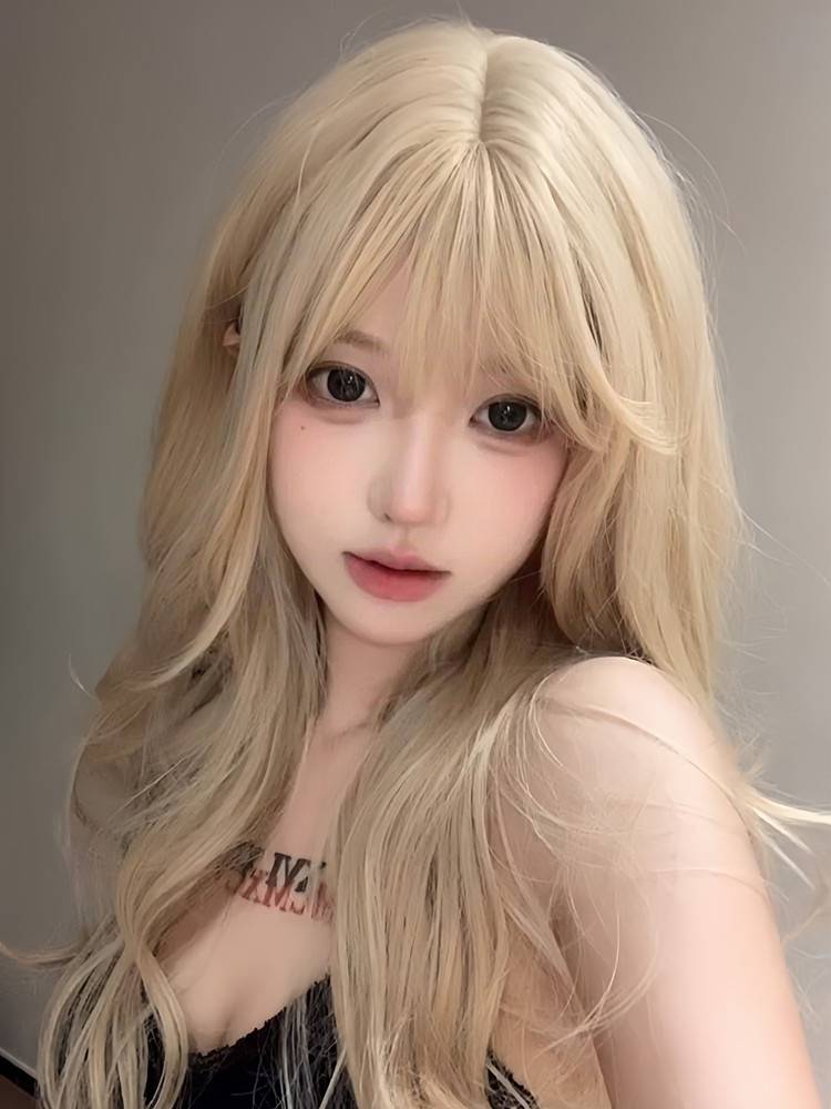 Wig female long curly hair big wave lolita natural fluffy fashion cos rice white gold color full header
