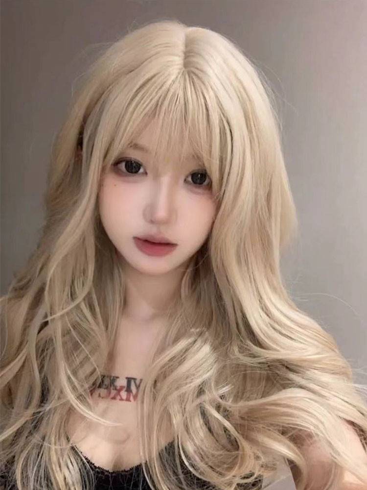 Wig female long curly hair big wave lolita natural fluffy fashion cos rice white gold color full header