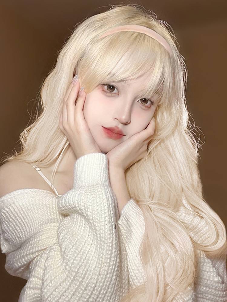 Wig female long curly hair big wave lolita natural fluffy fashion cos rice white gold color full header
