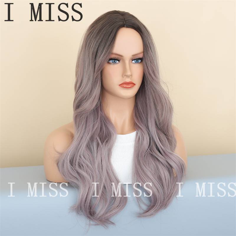 Cross -border new wigs are divided into gradient gray -purple long wavy long curly curly curly European and American wigs full head set