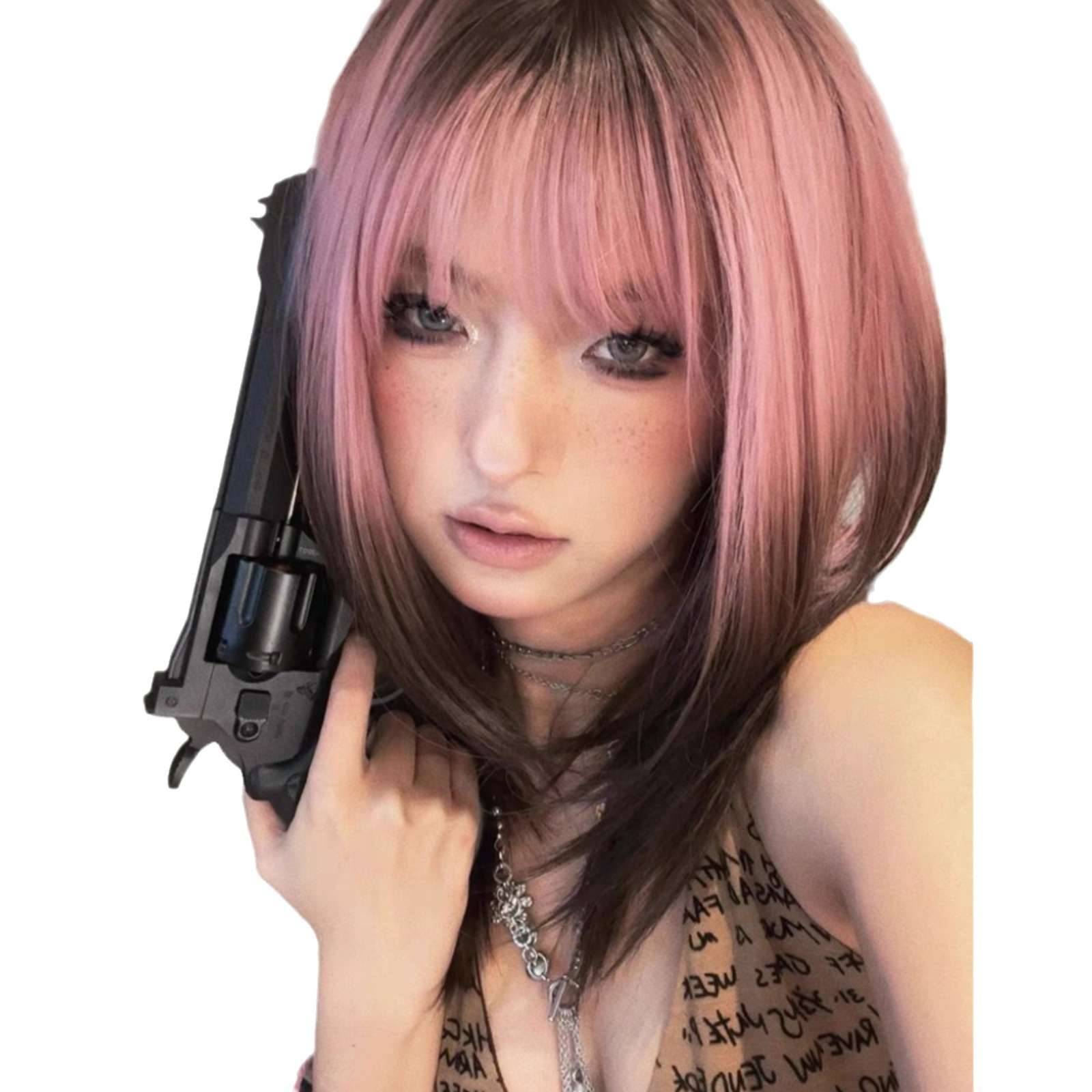Star -range wigs, long hair, European and American gradient black pink natural shoulder -length clavicle hair full header