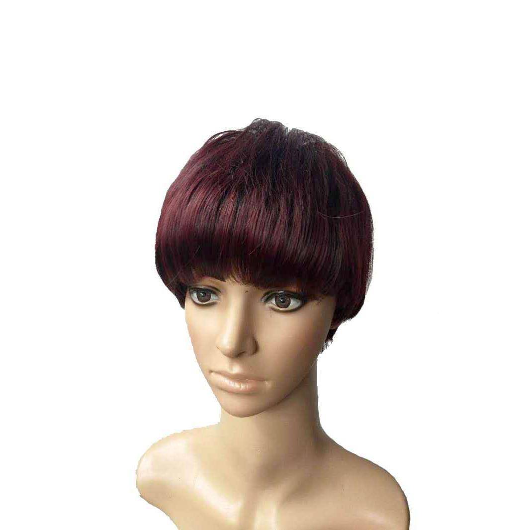 Cross -border goods QCG source European and American wig female short straight hair mixed color machine -based black fiber horn African wig W red ig