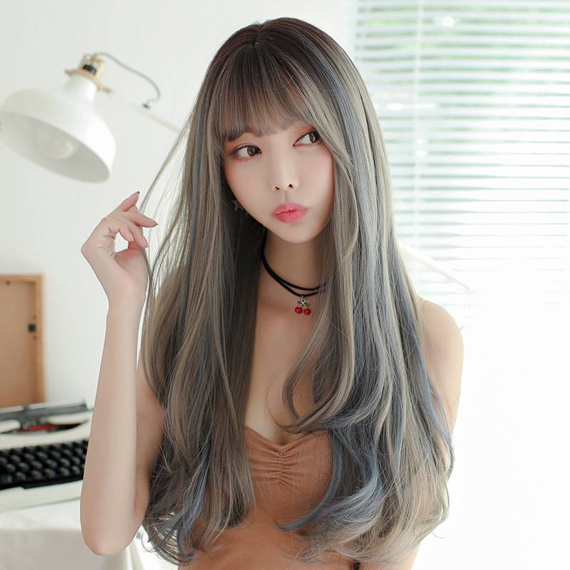 Amazon's new Japanese and Korean fake hair female long curly hair realistic chemical fiber high -temperature silk fake head cover supply