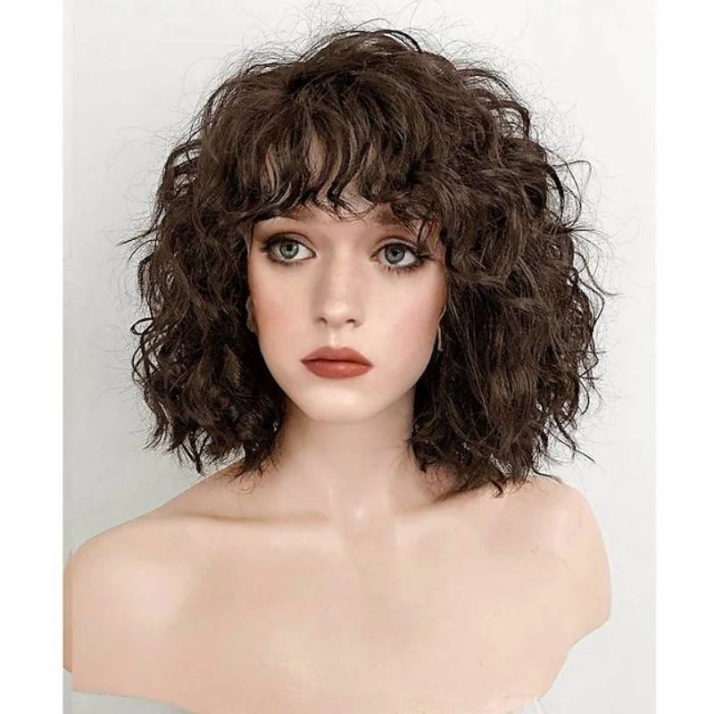 European and American short hair Water ripple fluffy tan fibrous fibrous headhole air bangs roll synthetic wig