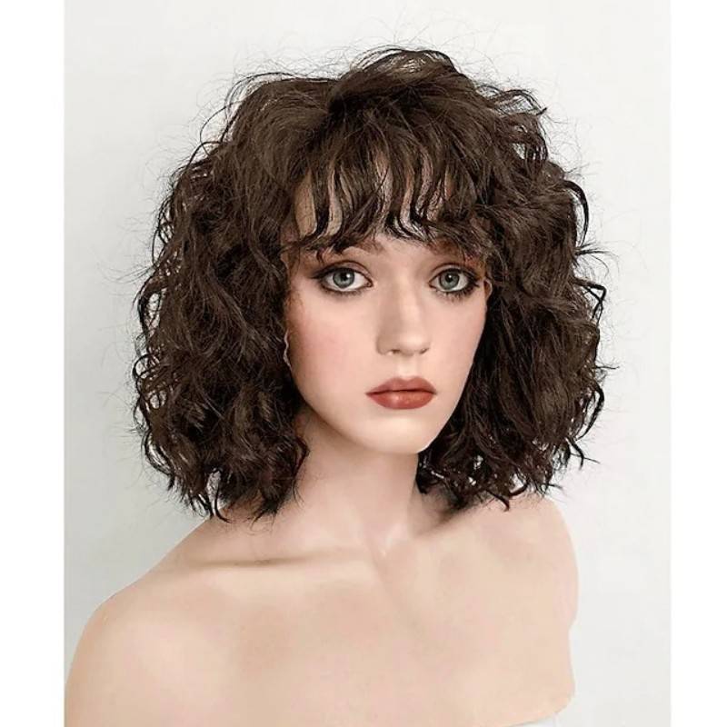 European and American short hair Water ripple fluffy tan fibrous fibrous headhole air bangs roll synthetic wig