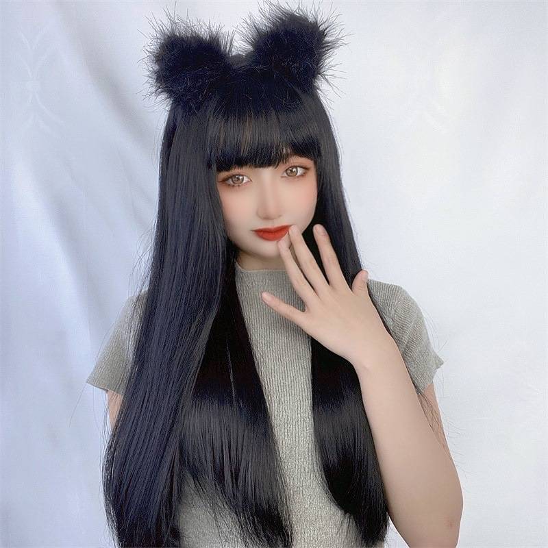 New product wig female black air bangs long straight hair high -temperature silk temperament face face red transformation wig girl