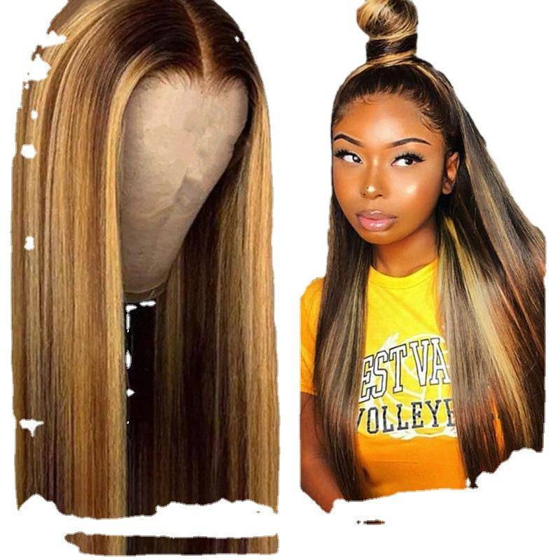 European and American ladies dyeing in dyeing long straight hair three -color gradient wig brown golden chemical fiber head cover