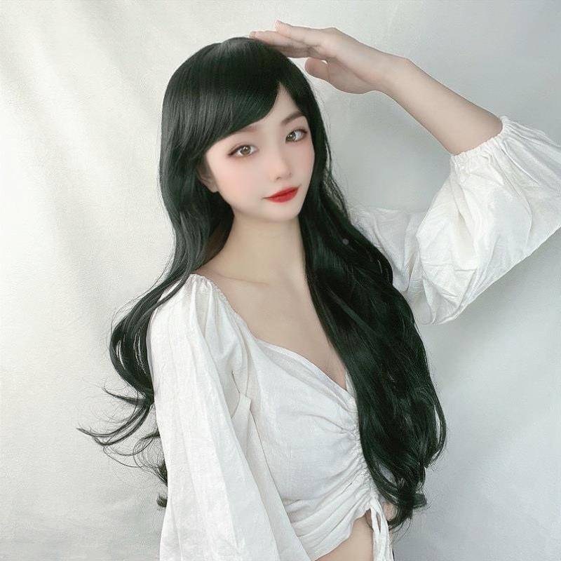 Wig female long hair European and American new products black oblique bangs long curly hair mechanism full set wig customization