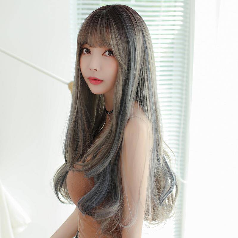 Amazon's new Japanese and Korean wigs female curly hair realistic chemical fiber high -temperature silk fake head cover