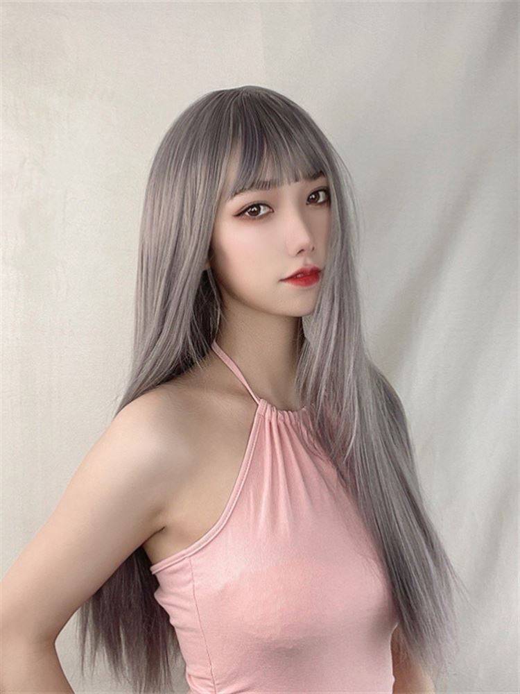 Spot Korean popular wig Women's air bangs long straight hair chemical fiber full -headed full -headed manufacturer New goods source