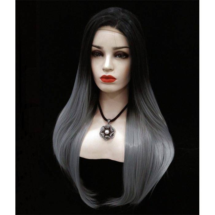 Genuine European and American wig women are fashionable, smooth, long straight hair, black gradient gray dyeing, chemical fiber wig