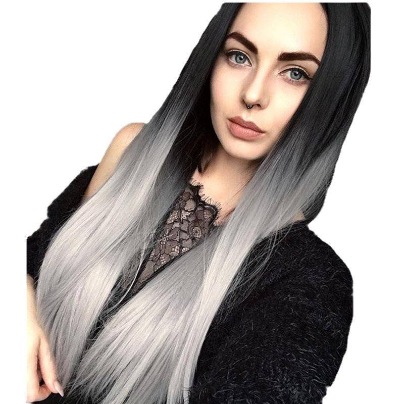 Genuine European and American wig women are fashionable, smooth, long straight hair, black gradient gray dyeing, chemical fiber wig