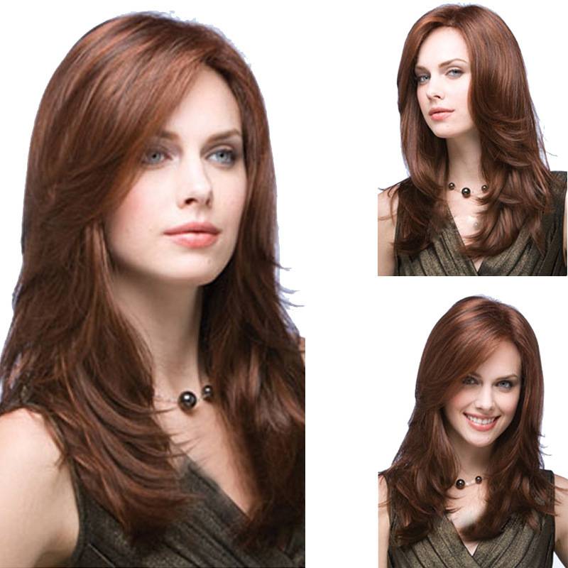 Quick selling the European and American popular wig oblique bangs brown long curly hair stage performance COS wig high -temperature silk long hair