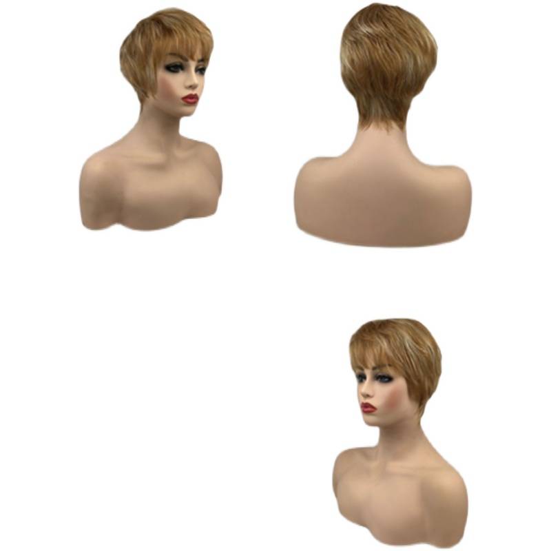 Female short hair full head, real hair, real hair short straight hair, full of real hair gold mixed men's and women universal delivery network