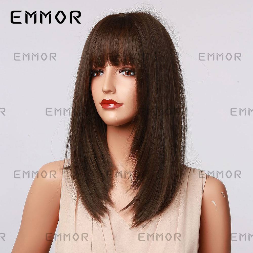 Cross -border European and American fake bangs black brown shoulder -length straight hair curls to decorate the face shape high temperature silk
