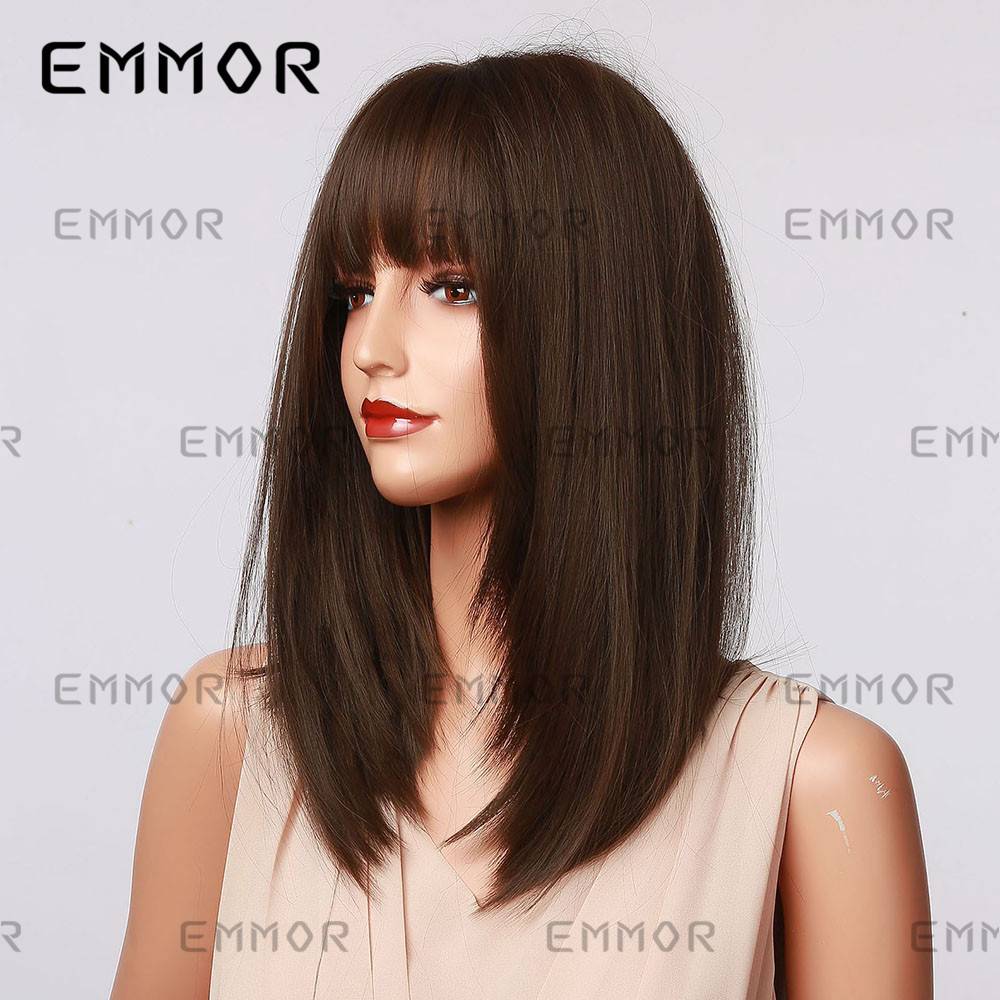 Cross -border European and American fake bangs black brown shoulder -length straight hair curls to decorate the face shape high temperature silk